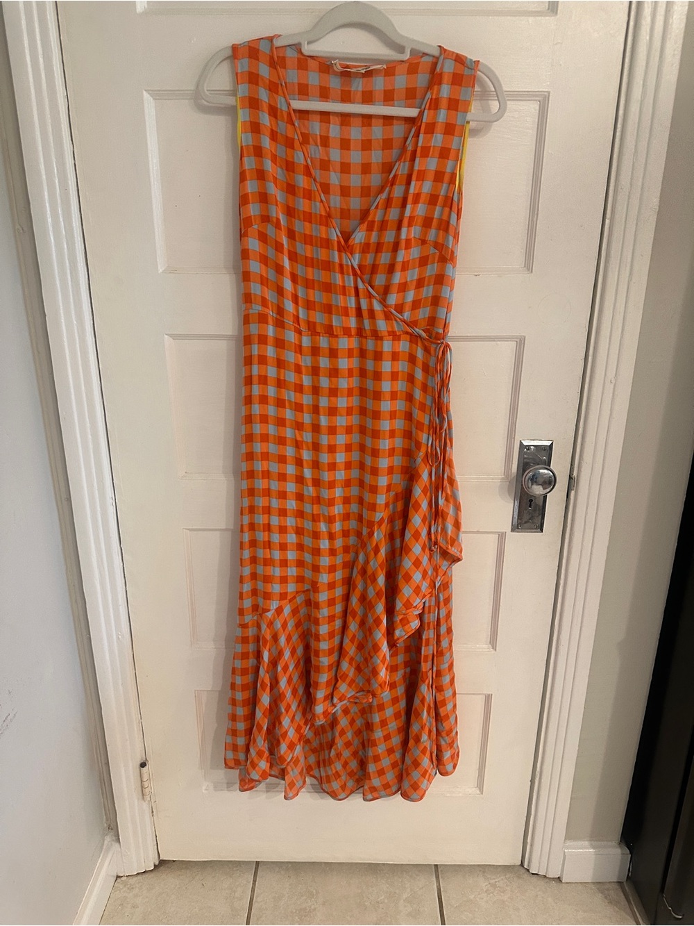 Diane Von Furstenberg Orange and White Gingham Wrap Midi Dress with Ruffle Hem